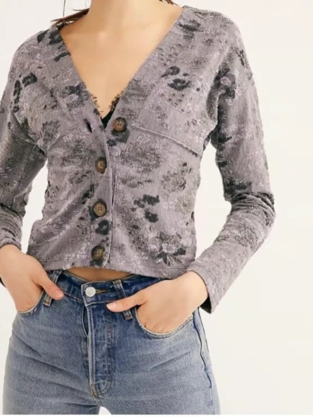 Free People Caroline Gray Textured Cropped Cardigan Sweater Size Large